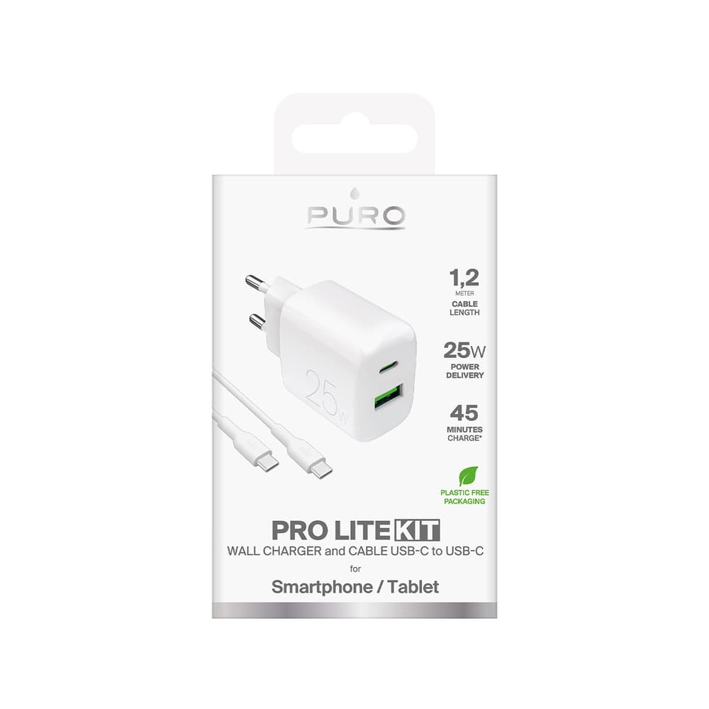 Puro PROLITE 25W USB-A/USB-C polnilnik + kabel USB-C/USB-C 1.2m, bel 2