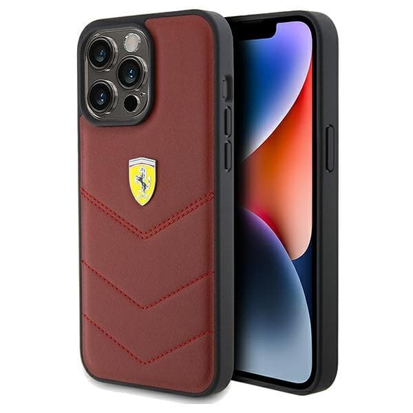 Ovitek Ferrari Leather Stitched Lines za iPhone 15 Pro Max - rdeč