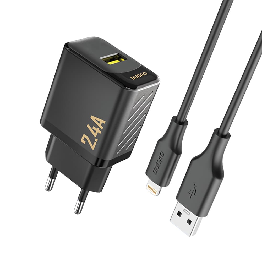 Dudao A23LEU 2.4A GaN EU polnilnik USB-A v Lightning kabel - črn