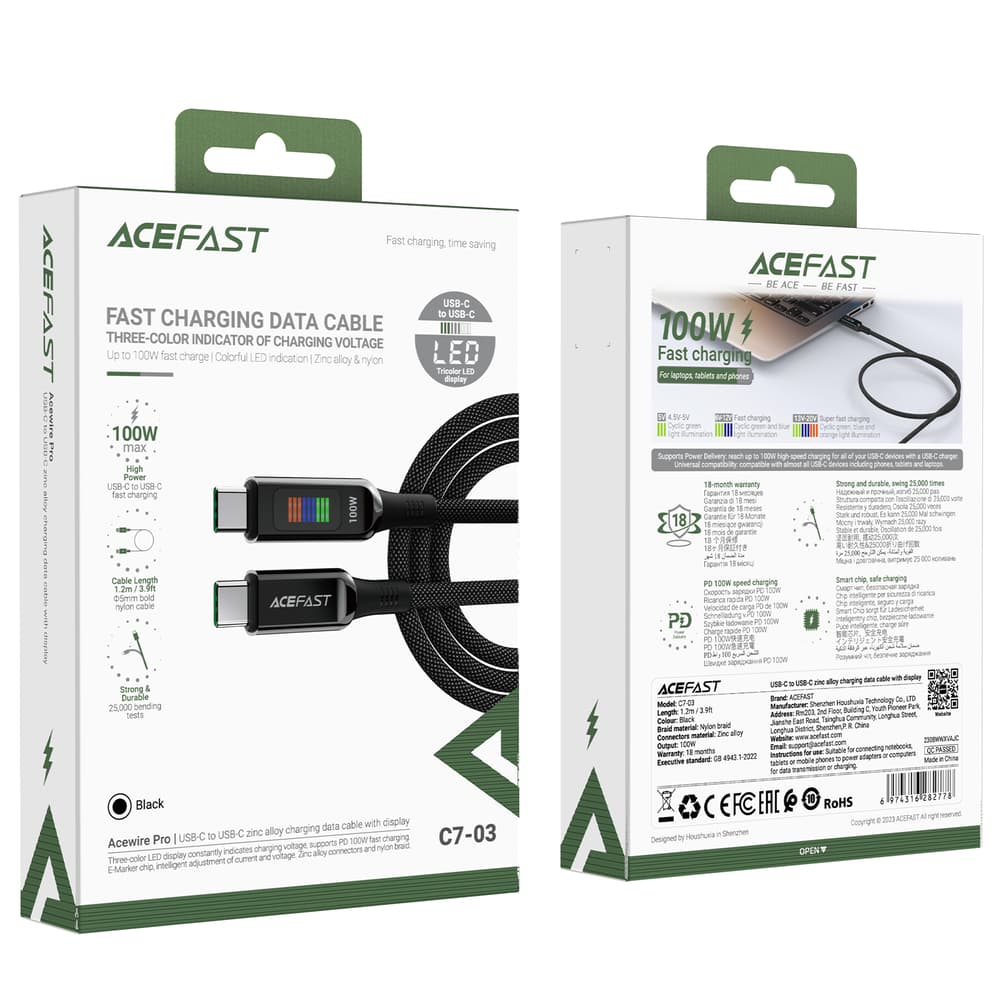 Acefast C7-03 USB-C v USB-C 100W 1.2m kabel z zaslonom, črn 7