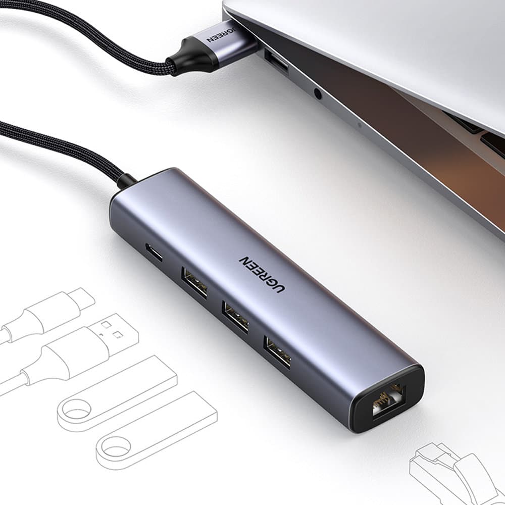 Ugreen večfunkcijski HUB adapter USB 3.0 - 3x USB / Ethernet RJ-45 / USB-C PD, siv 2