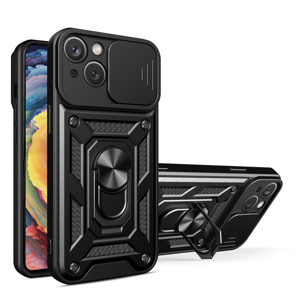 Hybrid Armor Camshield etui za iPhone 14 Plus z drsnim pokrovom kamere - črn