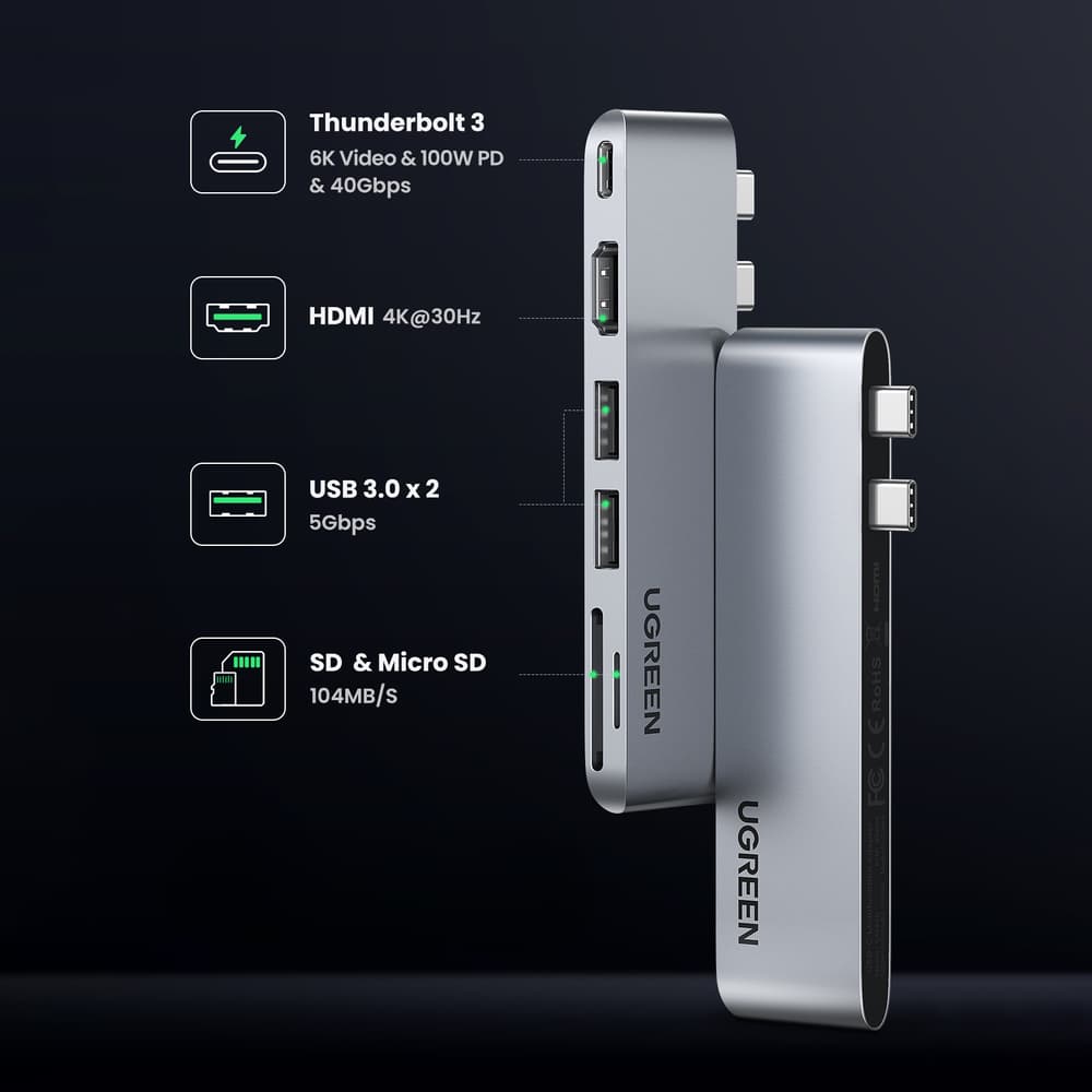 HUB Ugreen CM380 2xUSB C - HDMI/2xUSB 3.0/SD TF/USB C PD - siv 6