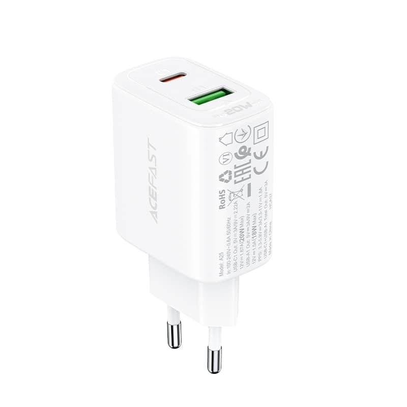 Acefast stenski polnilnik USB-C/USB 20W, PD, QC 3.0, FCP, bel (A25) 3