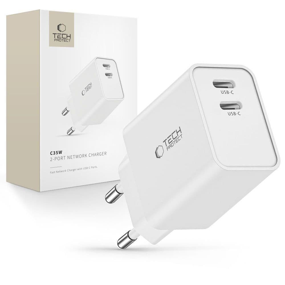 Polnilnik Tech-Protect C35W, 2x USB-C PD 35W - bel