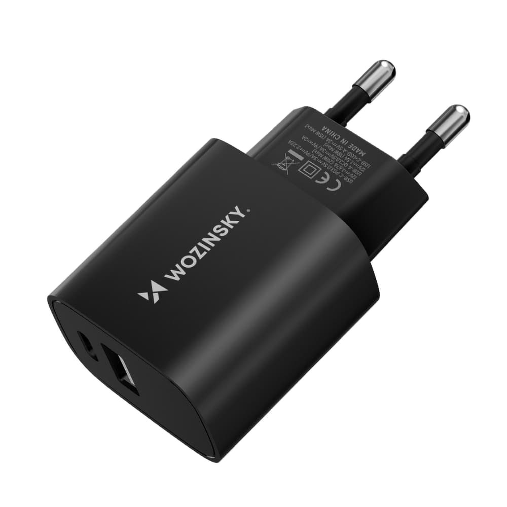 Stenski polnilnik Wozinsky WGWCB 20W, USB-A + USB-C - črn