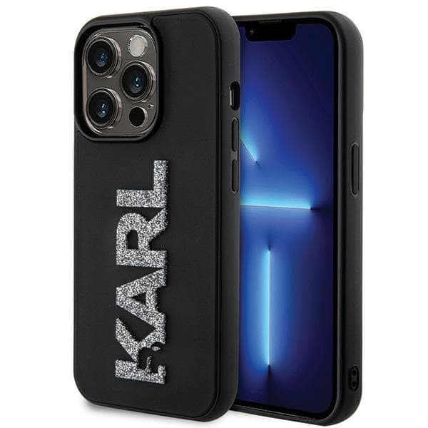 Ovitek Karl Lagerfeld 3D Rubber Glitter Logo za iPhone 15 Pro - črna