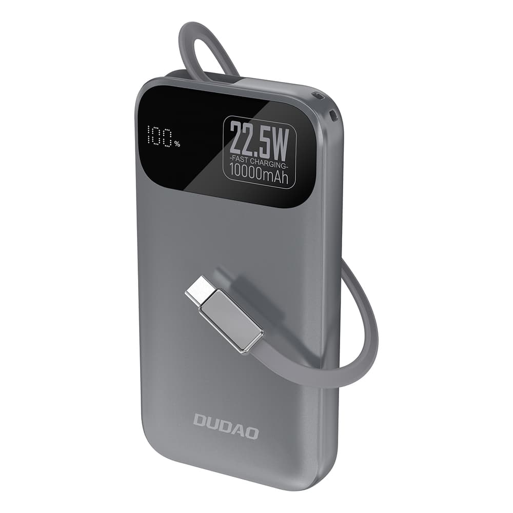 Dudao K31 10000 mAh 22.5W PD Powerbank z vgrajenim USB-C kablom, siv