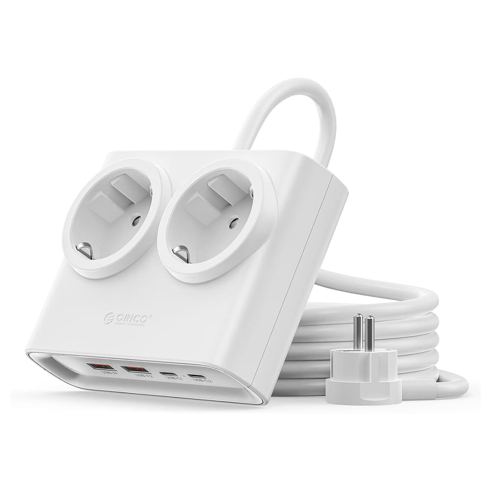 Orico PDC25 25W 6in1 napajalnik: 2x AC + 2x USB-A + 2x USB-C, bel