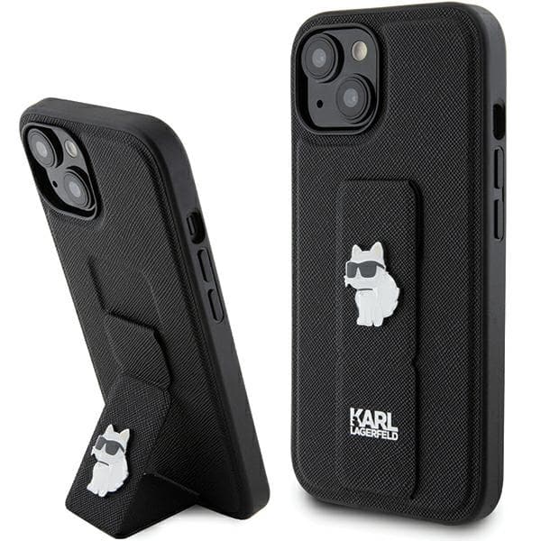 Karl Lagerfeld Gripstand Saffiano ovitek z Choupette Pins za iPhone 15 - črna