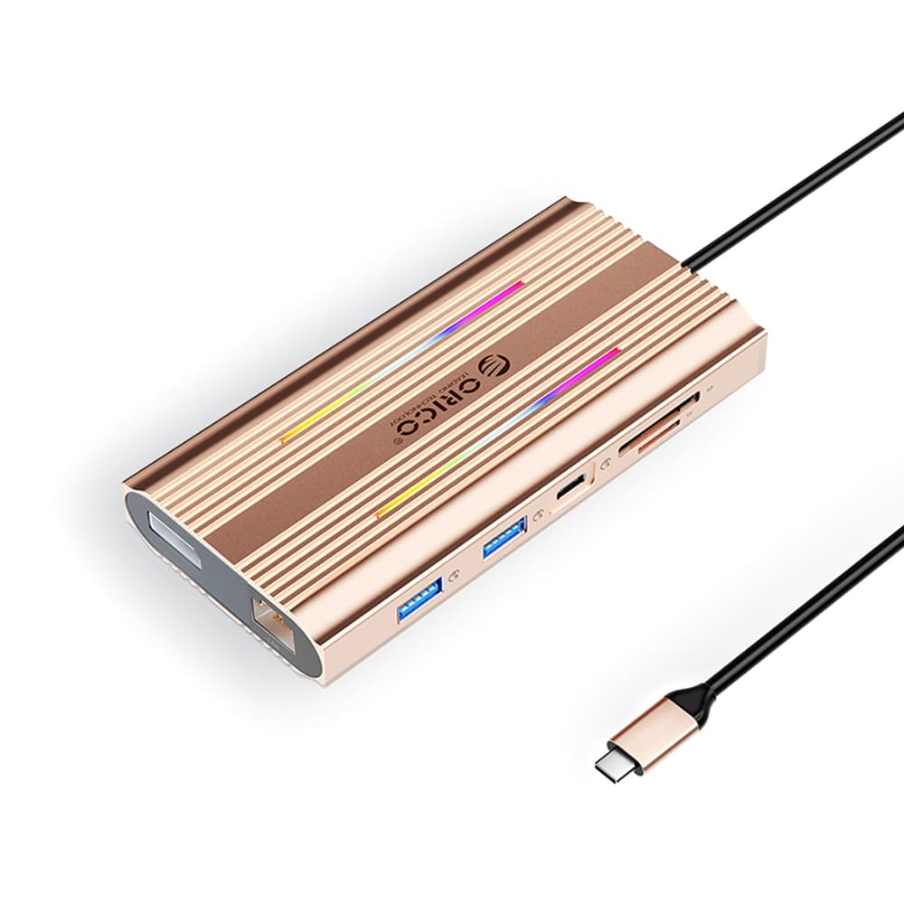 Orico XDR 12v1 USB-C Docking Station RGB, 2x HDMI 4K 60Hz, DP 4K 60Hz, PD 100W, Čitalnik kartic - Rose Gold