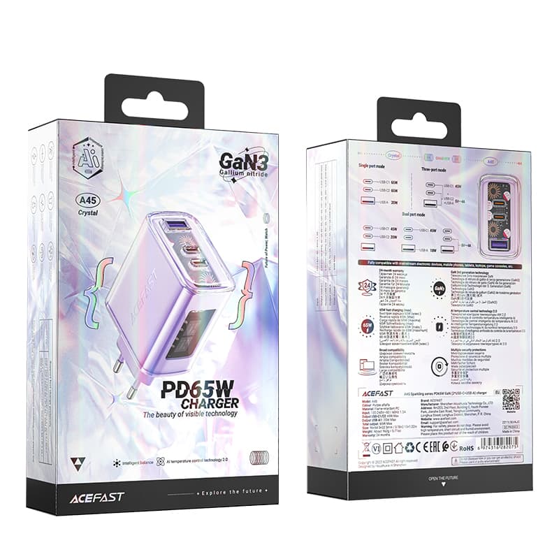 Acefast GaN 65W polnilec s 3 vrati (USB, 2xUSB C) - vijoličen (A45) 4
