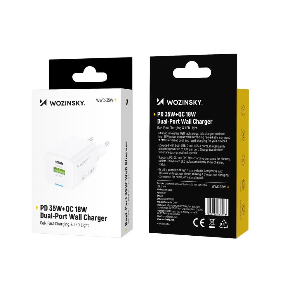 Wozinsky WWC-35W GaN USB-A + USB-C Zidni polnilnik - bel 4