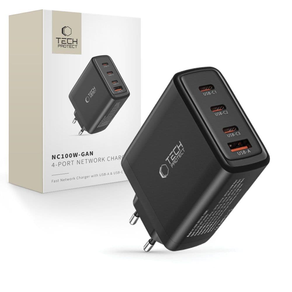 Polnilnik Tech-Protect NC100W-GAN 100W, 3x USB-C PD, 1x USB-A QC 3.0 - črn