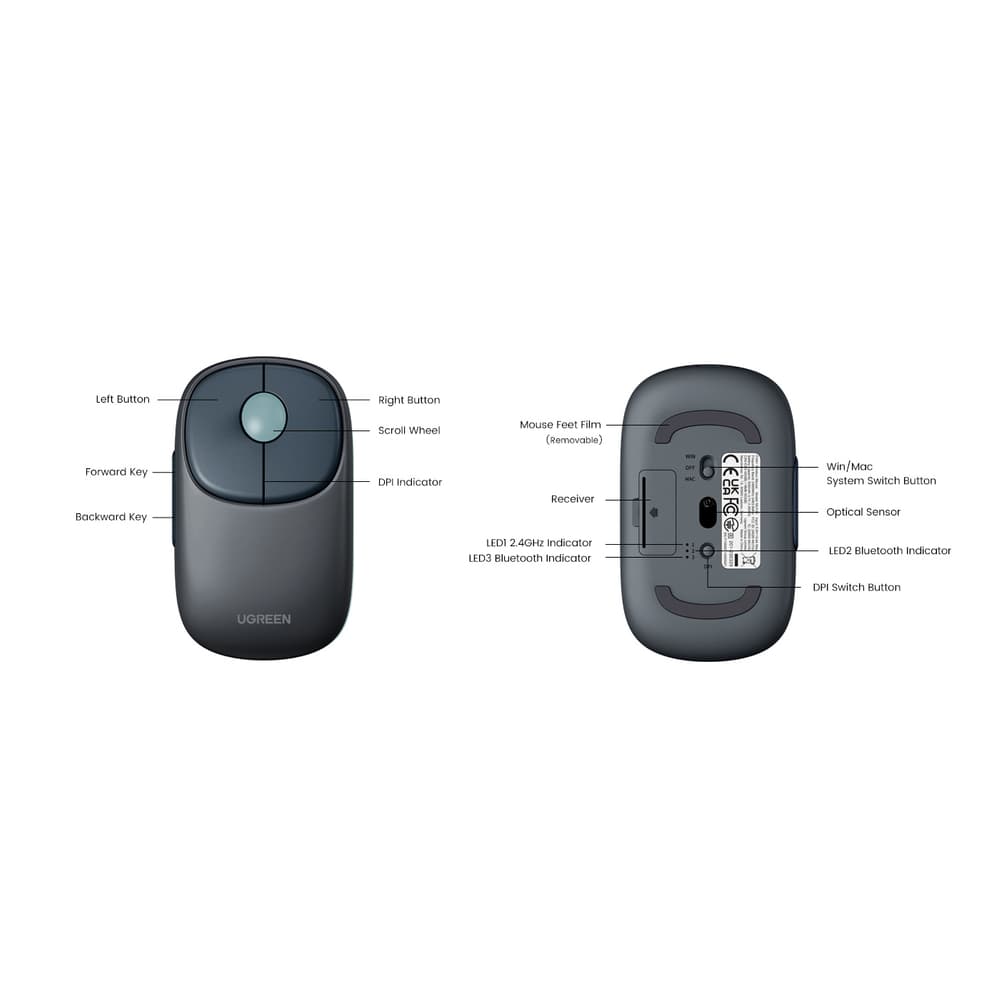 Ugreen MU102 FUN+ brezžična miška Bluetooth / 2.4 GHz, črna 3