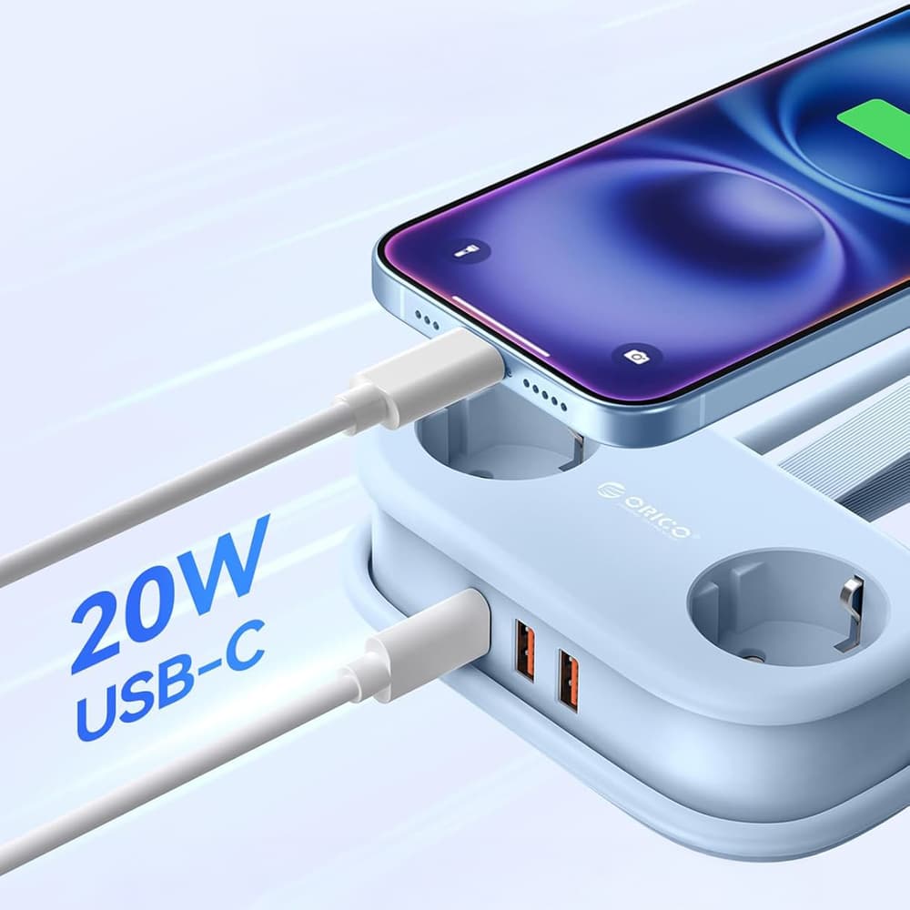 Orico AP3 razdelilnik 20W GaN, 2x AC + 2x USB-A + 1x USB-C - modri