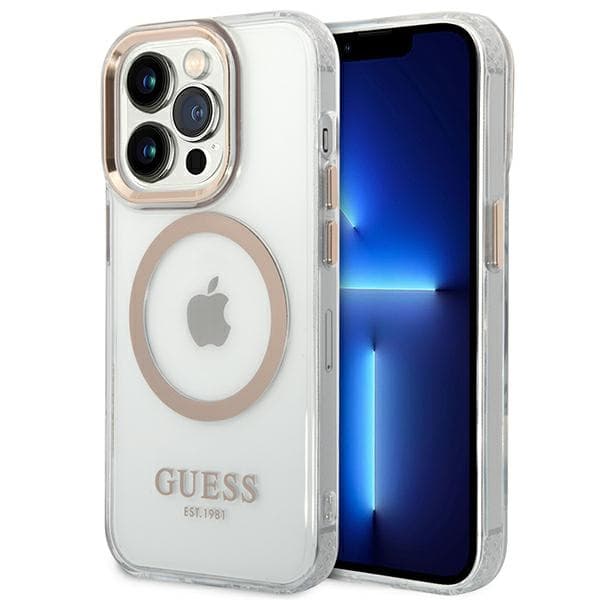 Guess GUHMP14XHTRMD ovitek za iPhone 14 Pro Max 6.7" zlat z zlatim obrisom, prozoren, MagSafe