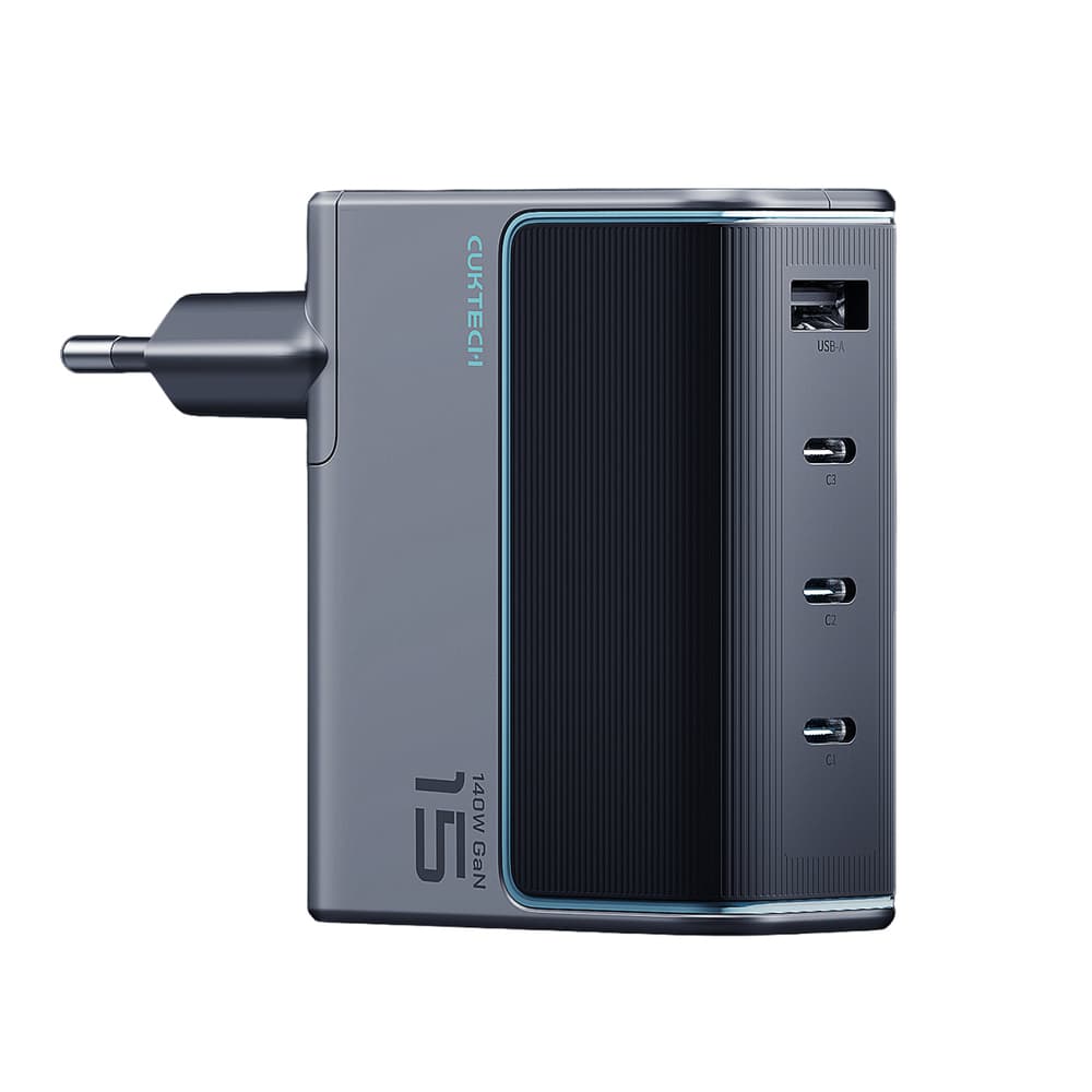 Cuktech AD1404UEU 140W GaN polnilnik 3x USB-C + USB-A + kabel - Siv