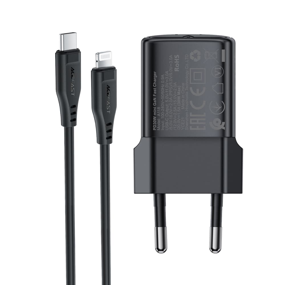 Acefast A118 30W GaN USB-C polnilnik s kablom Lightning, črn 5