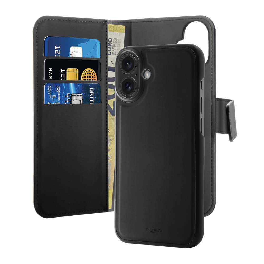 Puro Wallet Detachable 2v1 ovitek z denarnico za iPhone 16 - črn