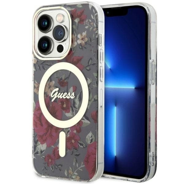 Ovitek Guess Flower MagSafe za iPhone 14 Pro 6.1" roza/khaki