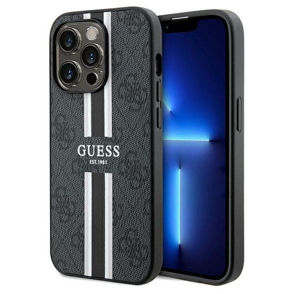 Ovitek za iPhone 15 Pro Max Guess 4G Printed Stripes MagSafe - črna