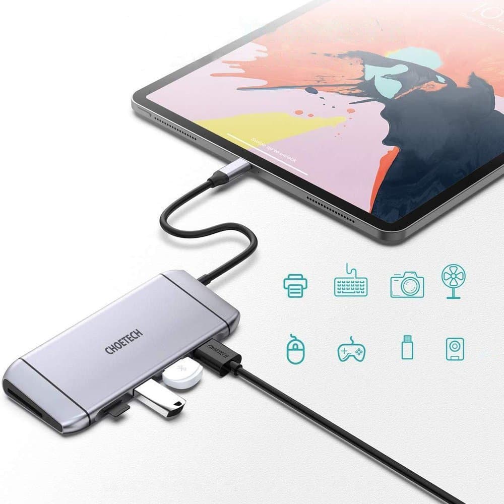 Choetech 9v1 USB C HUB adapter - HDMI, VGA, USB 3.2, RJ45, sivi HUB-M15 6