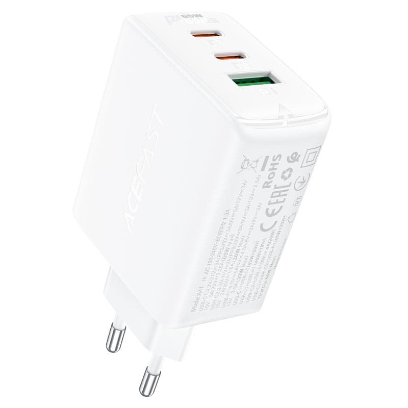 Hitri polnilnik Acefast GaN (2x USB-C / USB-A) PPS / PD / QC4+ 65W - bela