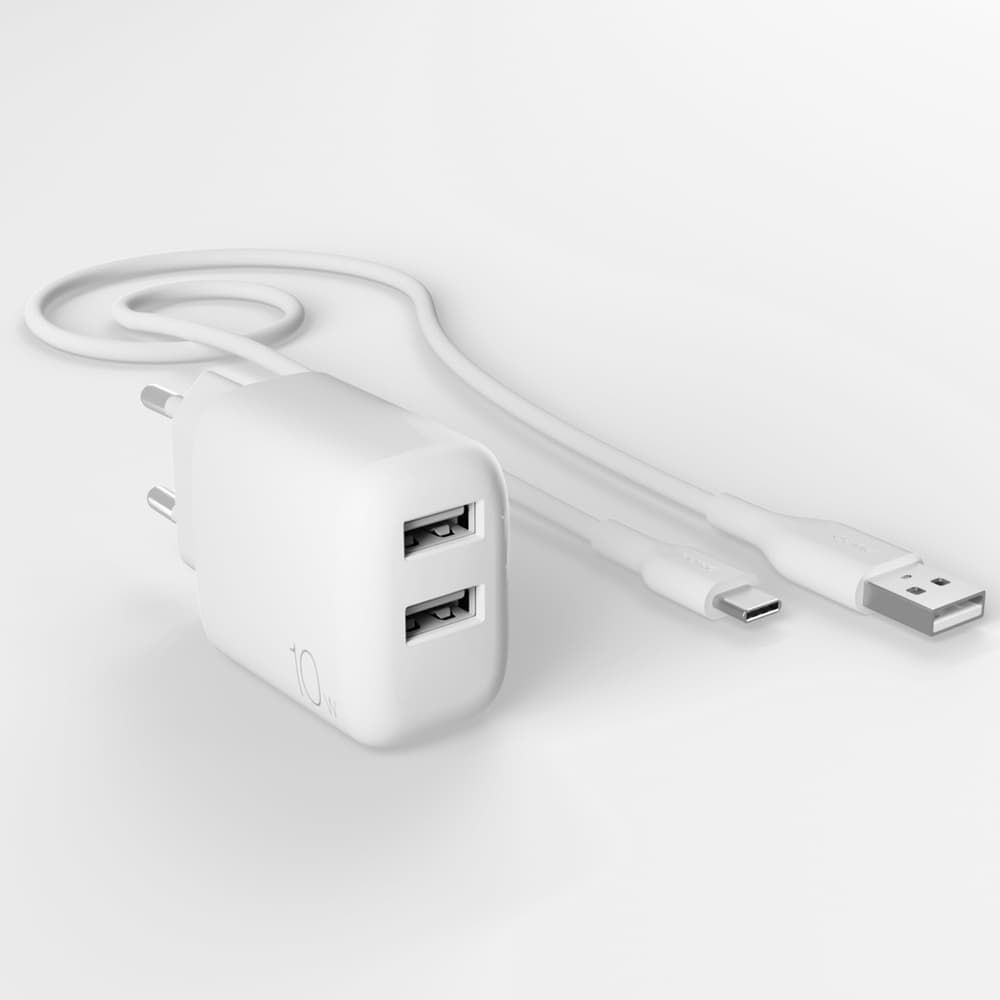 Puro PROLITE 10W stenski polnilnik, 2xUSB-A + kabel USB-A/USB-C 1.2m, bel 4