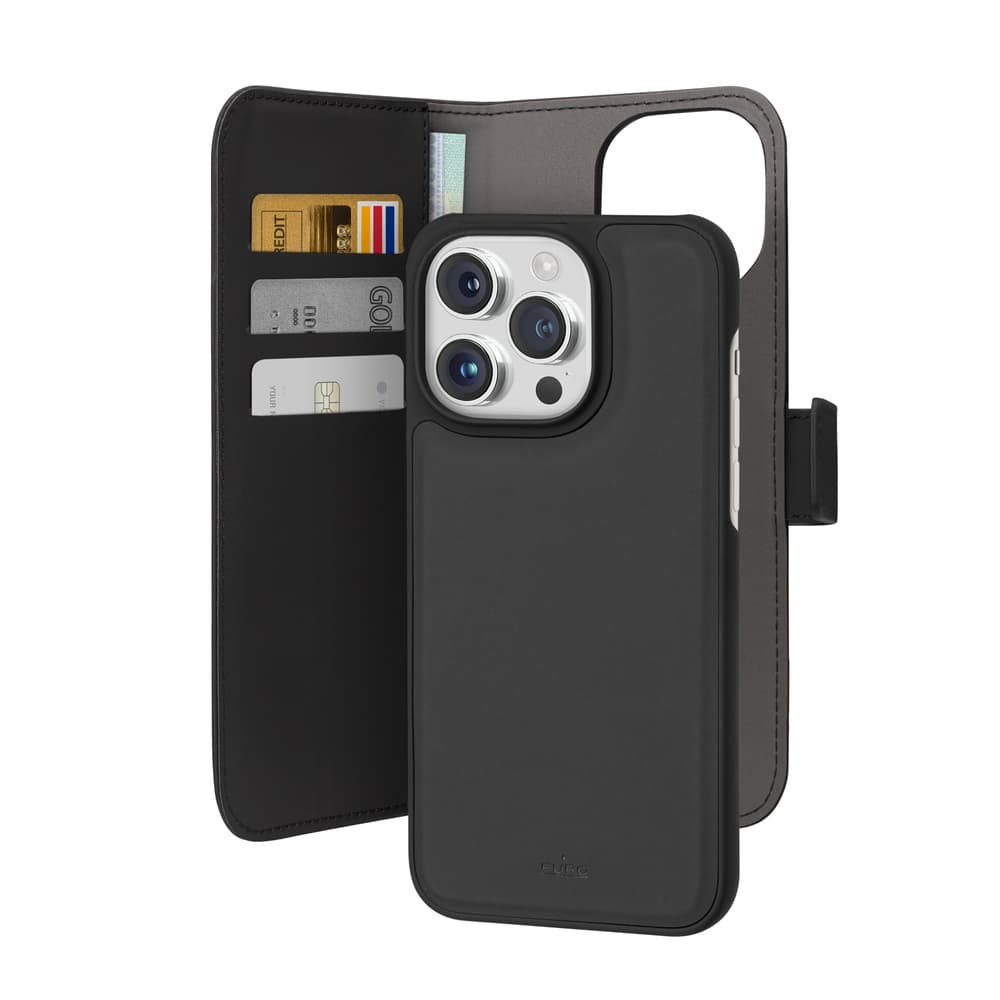 Puro denarnica odstranljiva MagSafe 2v1 PU usnje ovitek s preklopom za iPhone 15 Pro Max - črna