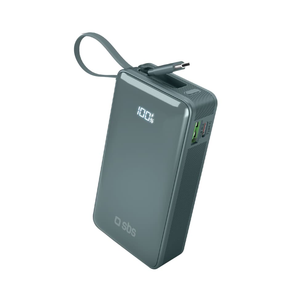 Powerbank SBS 10000 mAh 20W z vgrajenim USB-C kablom, LCD - siv