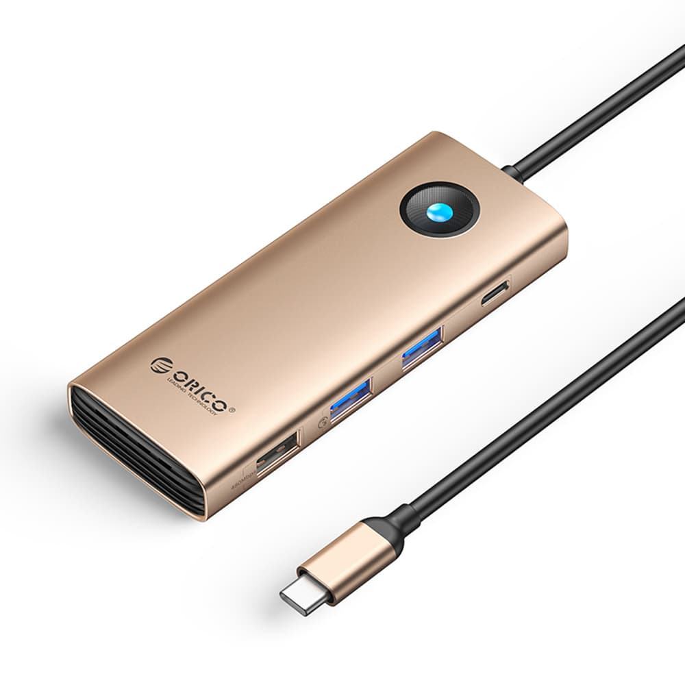 Orico PW11 USB-C Docking Station 8v1, 2x USB-A 3.0, HDMI 4K 60Hz, PD 100W, Rozo Zlata