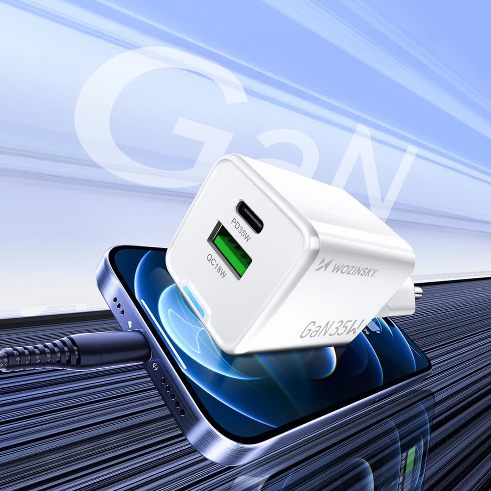Wozinsky WWC-35W GaN USB-A + USB-C Zidni polnilnik - bel 5