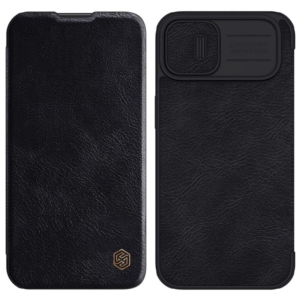 Nillkin Qin Leather Pro ovitek za iPhone 14 Plus s pokrovom za kamero, črn