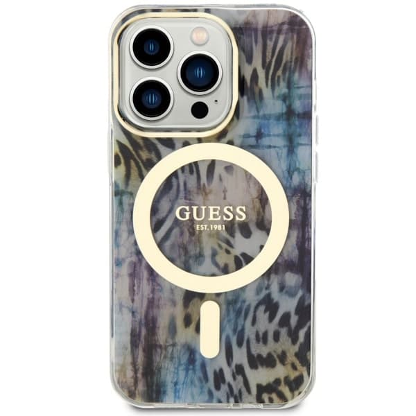 Guess ovitek za iPhone 14 Pro 6.1" modr Leopard MagSafe 3
