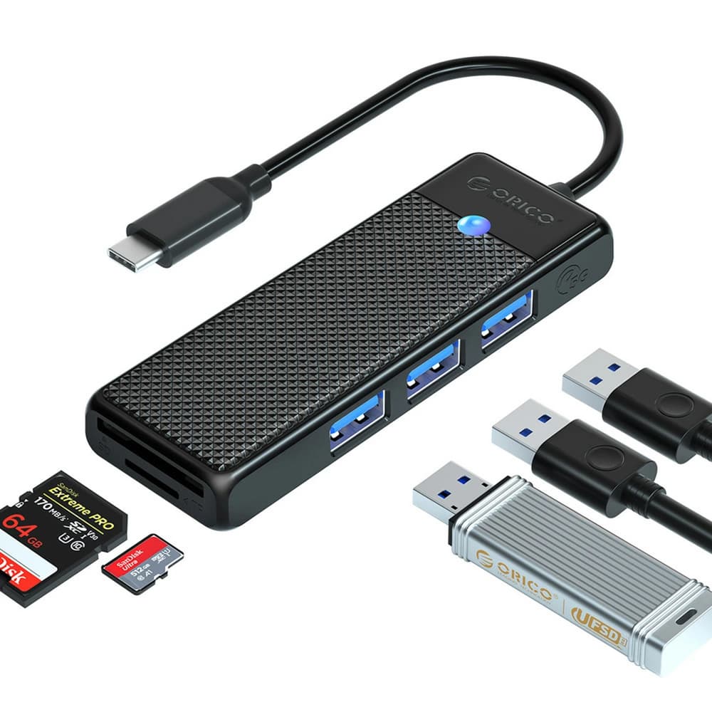 Orico PAPW3AT-C3 USB Hub, 4-port, 3x USB-A 3.0, bralnik kartic microSD/SD, 0,15 m, črn 2