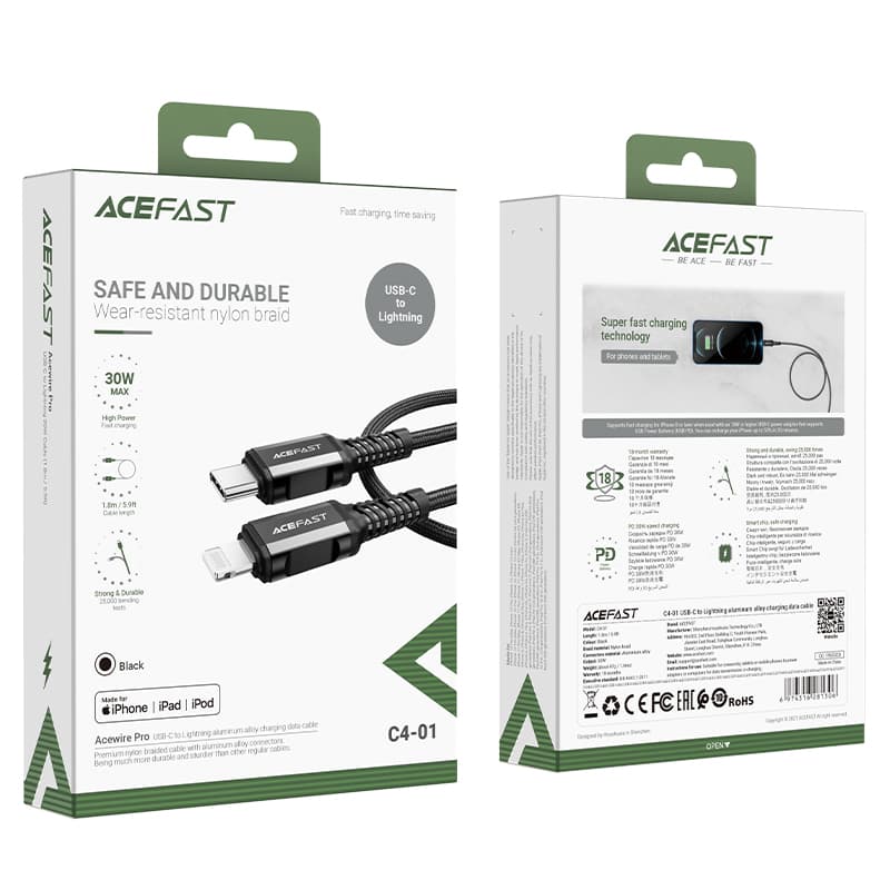 Acefast C4-01 Lightning - USB-C PD kabel 30W 3A 1.8m (MFI) - črn 5