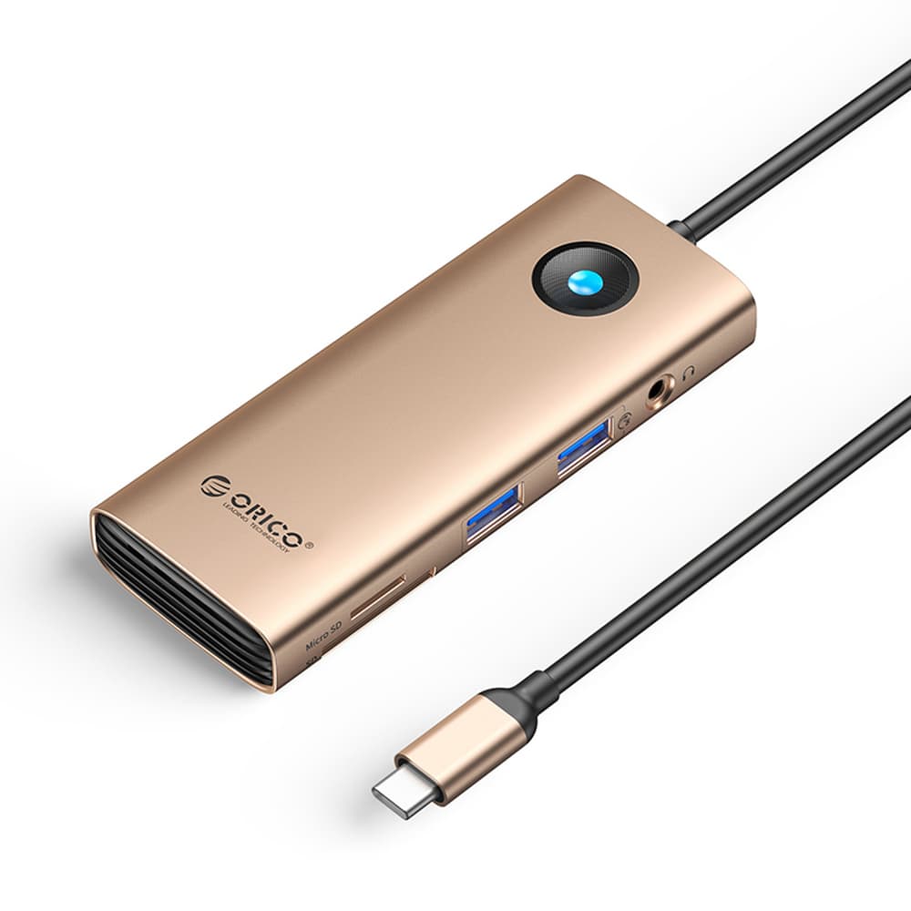 Orico PW11 USB-C Docking Station, 8v1, 2x USB-A 3.0, PD 100W, HDMI 4K@60Hz, microSD/SD, RJ45, Avdio 3.5mm, rožnato zlata
