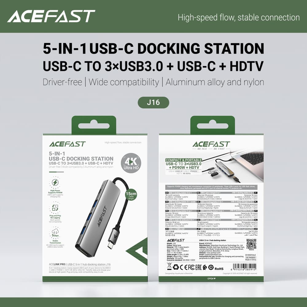 Acefast J16 USB-C Hub 5-v-1, HDMI 4K 60Hz, PD 90W, siva 6
