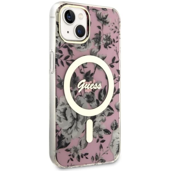 Guess ovitek za iPhone 14 Plus 6.7" roza Flower MagSafe 4