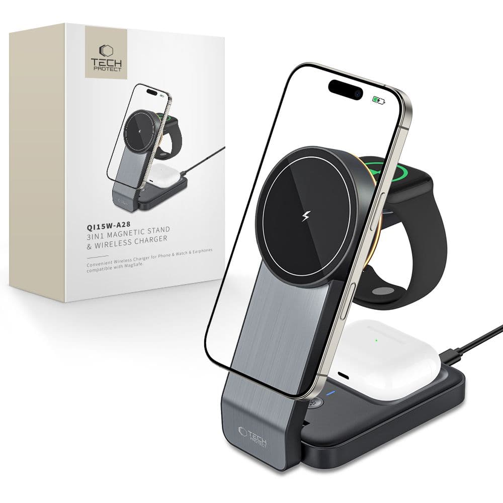 3-v-1 indukcijski polnilnik Tech-Protect QI15W-A28 MagSafe za telefon/Apple Watch/AirPods - črn