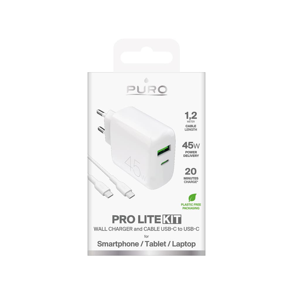 Puro Daily Prolite 45W USB-C/USB-A polnilnik + USB-C kabel, bel 2