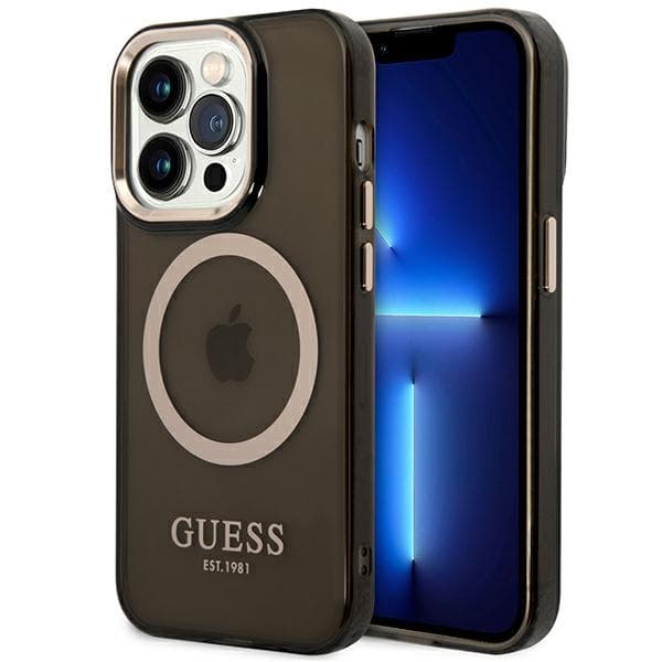 Guess GUHMP14XHTCMK ovitek za iPhone 14 Pro Max 6.7" črn z zlatim obrisom, prozoren, MagSafe