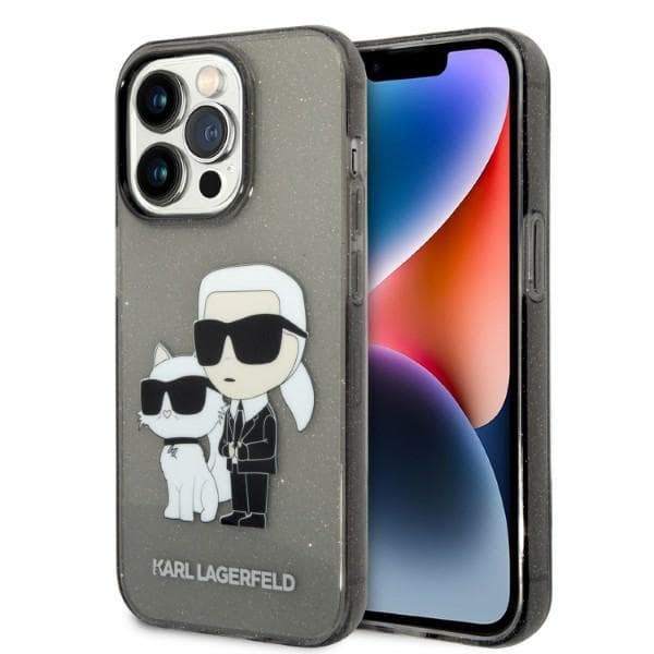 Karl Lagerfeld Glitter Karl & Choupette ovitek za iPhone 14 Pro Max - črn