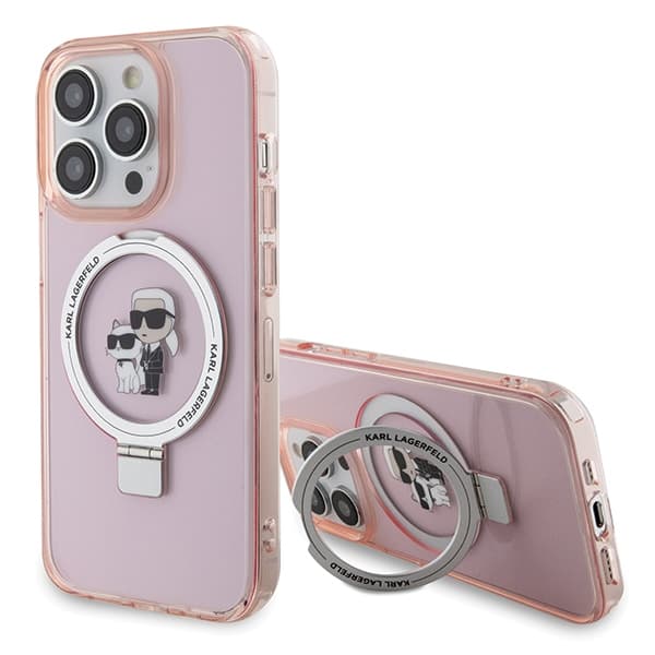 Karl Lagerfeld ovitek za iPhone 15 Pro Max 6.7" Ring Stand Choupette MagSafe, roza/roza