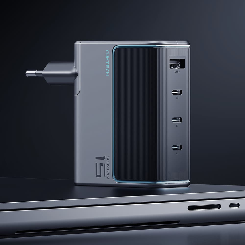Cuktech AD1404UEU 140W GaN polnilnik 3x USB-C + USB-A + kabel - Siv 3
