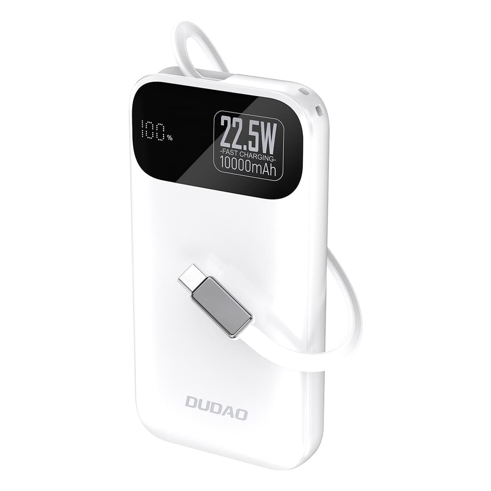 Dudao K31 10000 mAh 22.5W PD Powerbank z vgrajenim USB-C kablom, bela