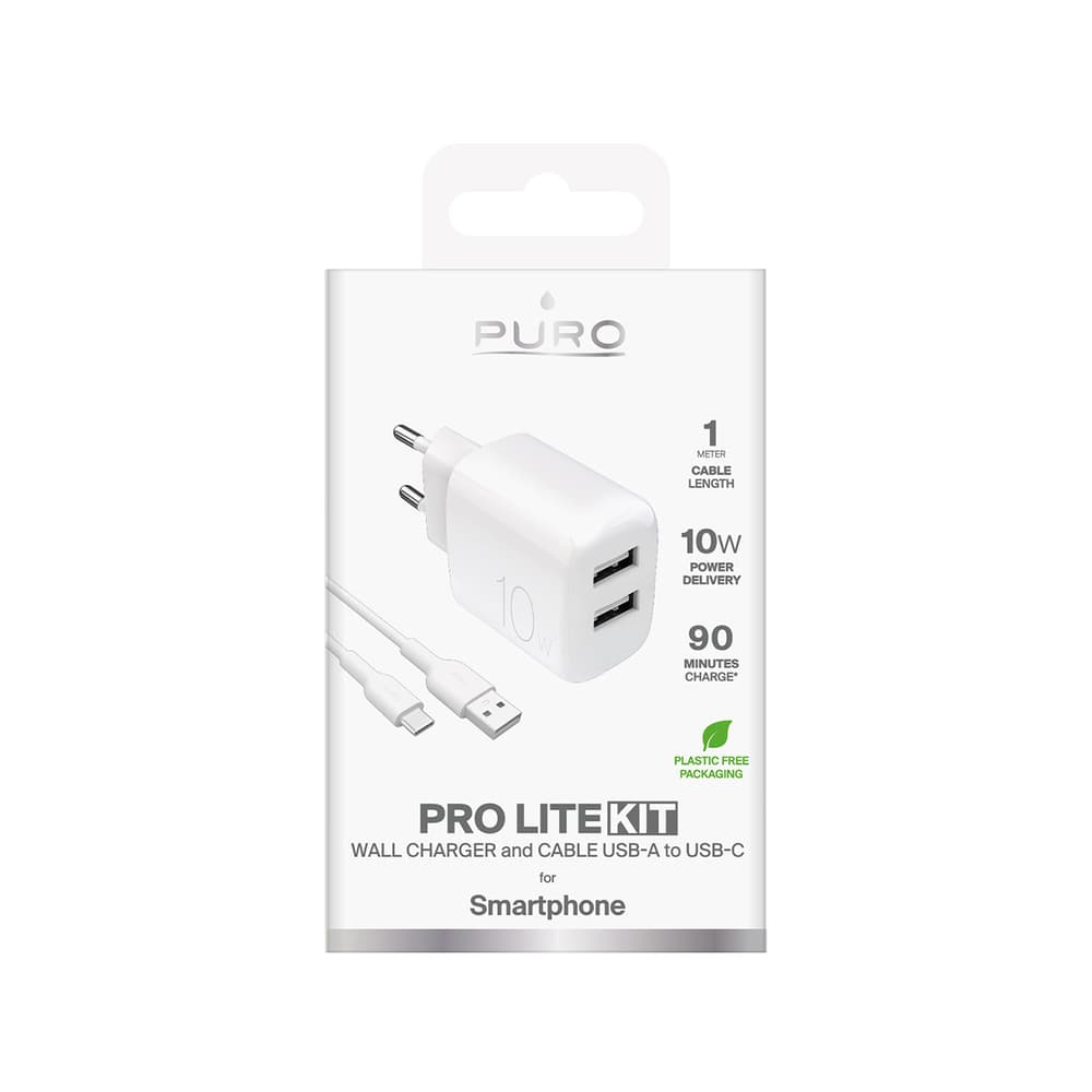 Puro PROLITE 10W stenski polnilnik, 2xUSB-A + kabel USB-A/USB-C 1.2m, bel 2