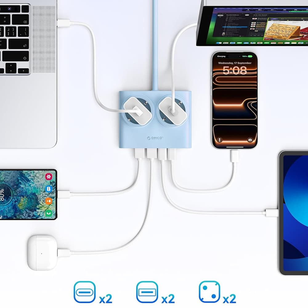 Orico PDC25 25W 6in1 napajalnik: 2x AC + 2x USB-A + 2x USB-C, moder 6
