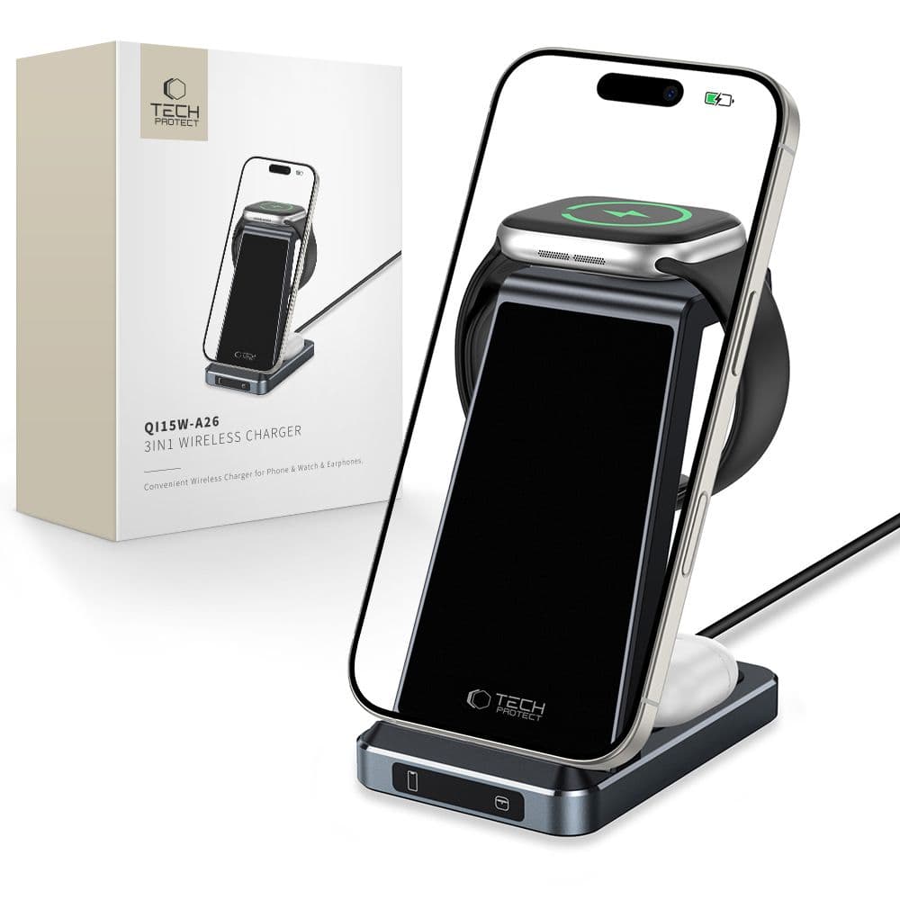 Tech-Protect QI15W-A26 Induktivni polnilnik 15W 3v1 (telefon/slušalke/Watch), črn